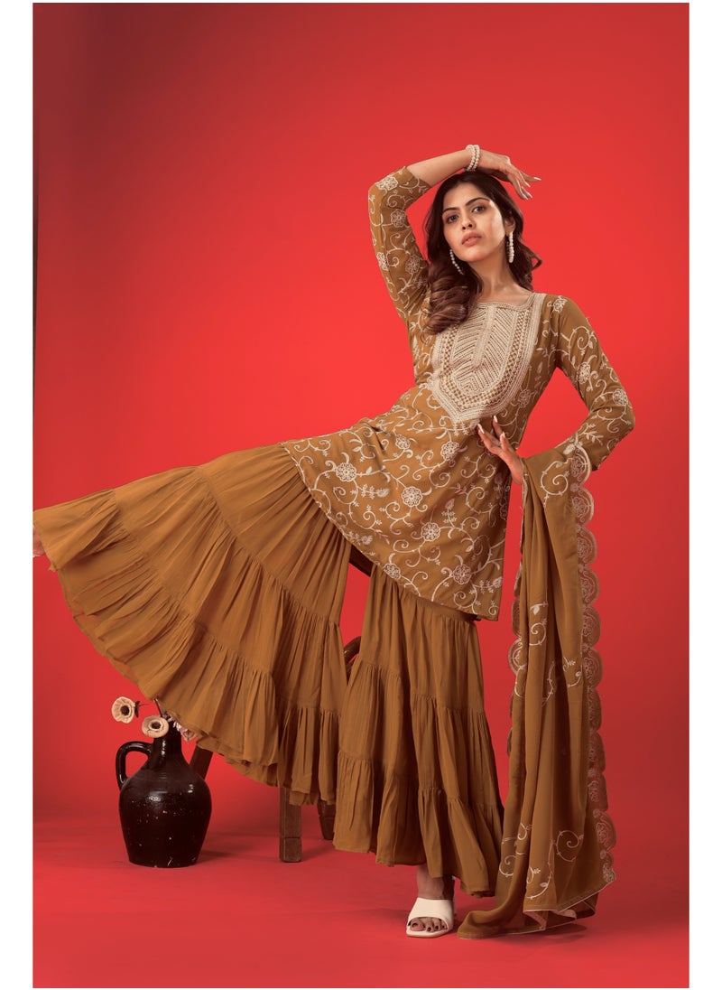Super Asian Aaraya Luxe– Heavy Georgette Embroidered Sharara Set with Ruffle Flair & Dupatta | Fully Stitched  - Image 2