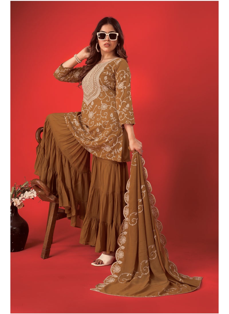 Super Asian Aaraya Luxe– Heavy Georgette Embroidered Sharara Set with Ruffle Flair & Dupatta | Fully Stitched  - Image 4