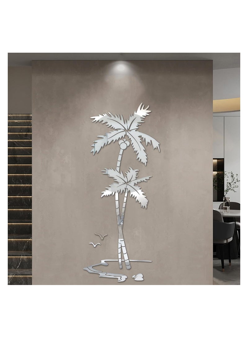 SOLARAE Mirror Wall Stickers Decor for Bedroom 3D Silver Coconut Palm Living Room Wall Decor Acrylic DIY Wall Decals Mural Home Decoration for Sofa Backdrop TV Wall Background 59 * 25 in, Silver Left - Image 2