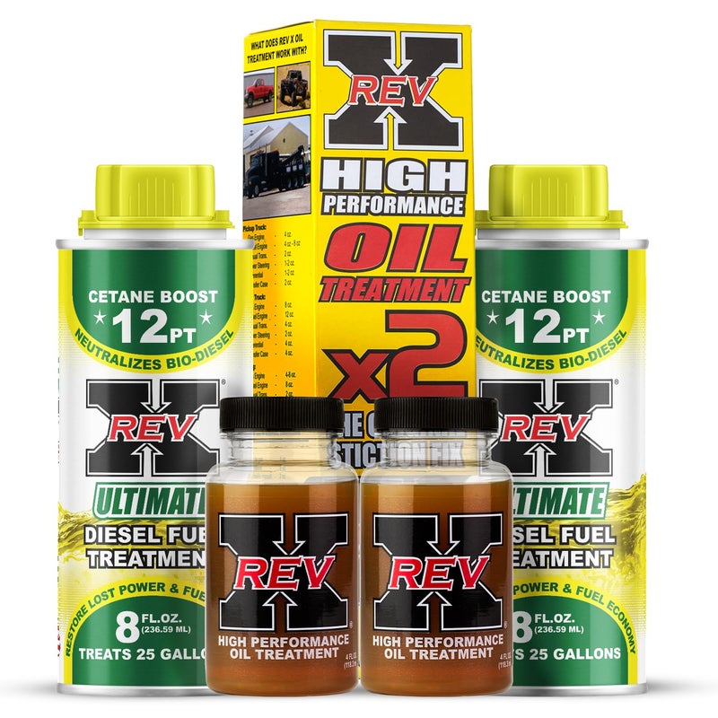 REV X Super Ultimate Kit for Diesel - High-Performance Oil Additive - 4 fl. oz. (2 Pack) + Ultimate Diesel Additive - 8 fl. oz. (2 Pack)