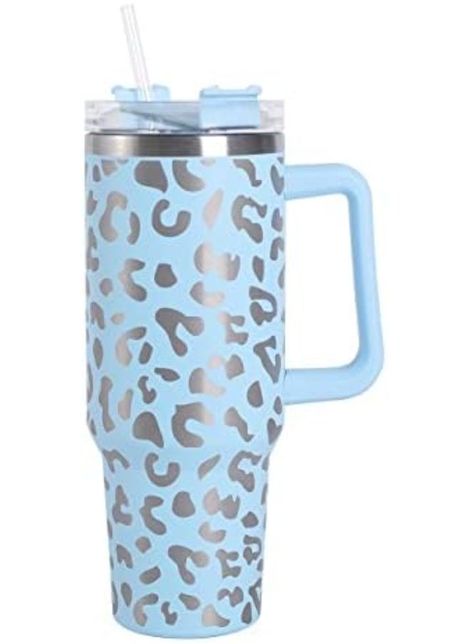 Executive LLC - 40 oz Tumbler Leopard Design with Handle Straw And Lid Stainless Steel Thermos Mug Coffee Cup Outdoor Car Mug Sports Travel(Sky Blue) - Image 1