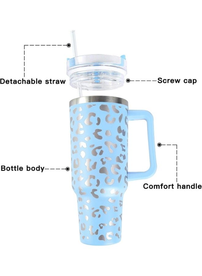 Executive LLC - 40 oz Tumbler Leopard Design with Handle Straw And Lid Stainless Steel Thermos Mug Coffee Cup Outdoor Car Mug Sports Travel(Sky Blue) - Image 1