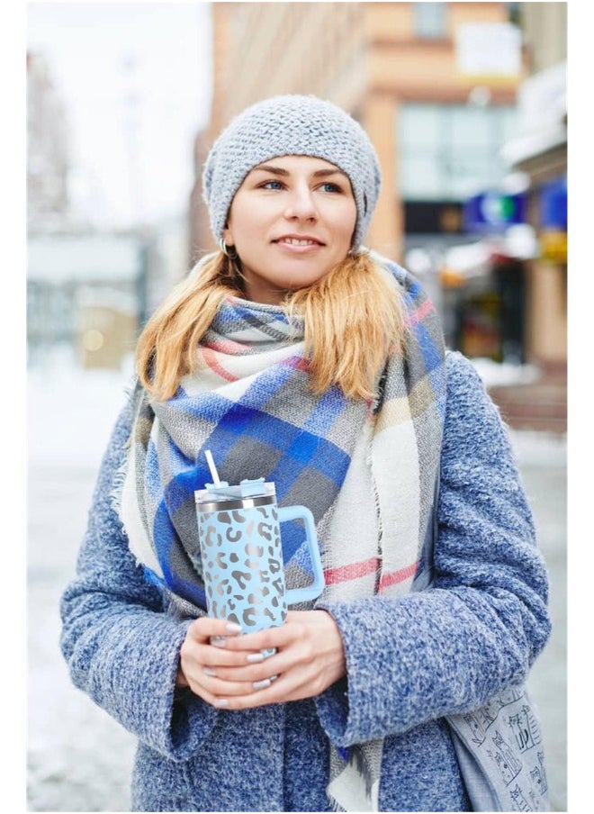 Executive LLC - 40 oz Tumbler Leopard Design with Handle Straw And Lid Stainless Steel Thermos Mug Coffee Cup Outdoor Car Mug Sports Travel(Sky Blue) - Image 1