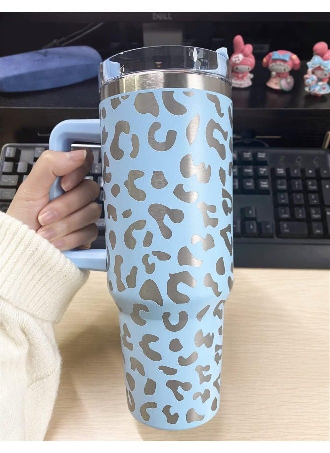 Executive LLC - 40 oz Tumbler Leopard Design with Handle Straw And Lid Stainless Steel Thermos Mug Coffee Cup Outdoor Car Mug Sports Travel(Sky Blue) - Image 1