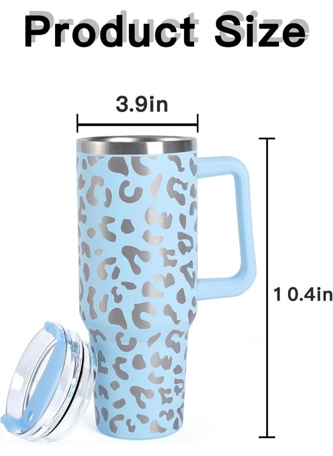 Executive LLC - 40 oz Tumbler Leopard Design with Handle Straw And Lid Stainless Steel Thermos Mug Coffee Cup Outdoor Car Mug Sports Travel(Sky Blue) - Image 1