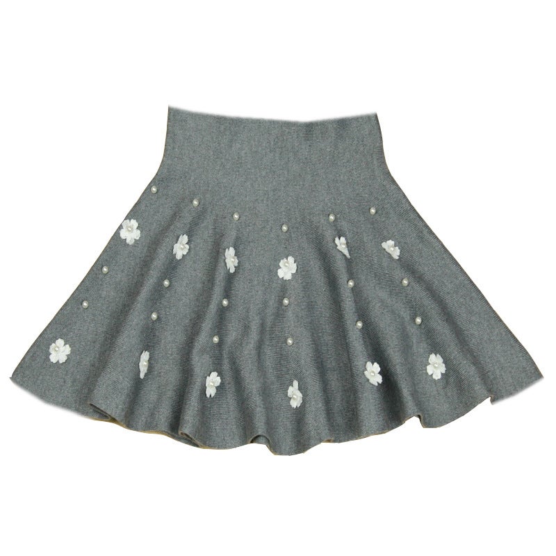 Girls Tulle Tutu Skirt 2024 Spring/Fall Korean Short Style Knitted Cute Gray plum blossom 