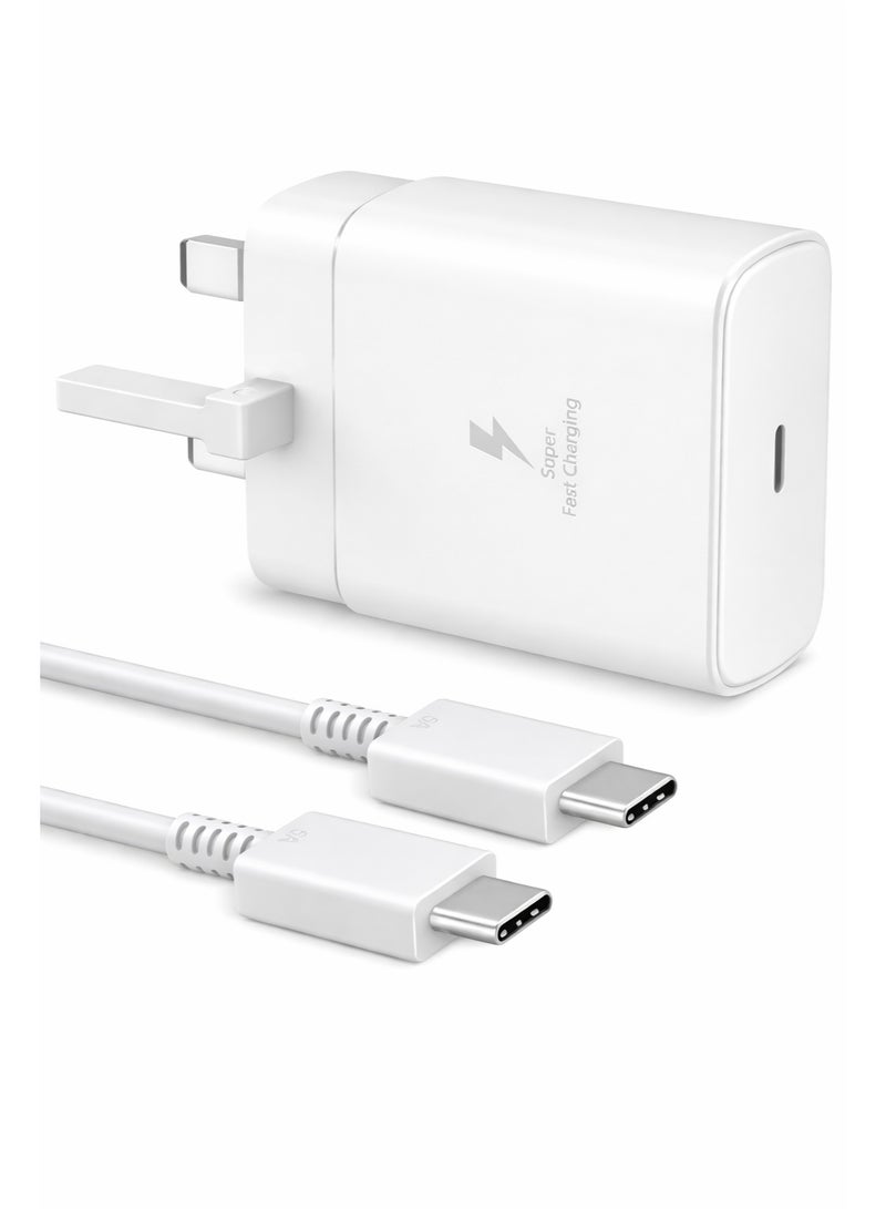 سامسونج مصر شاحن سامسونج 45 واط فائق السرعة مع كابل USB-C إلى USB-C بقدرة 5A وطول 1 متر، شاحن جداري Type-C يدعم PD و PPS لهواتف Galaxy S25/S24/S23/S22/S21 Ultra و A55/A54/A53/A52، أبيض - Image 1