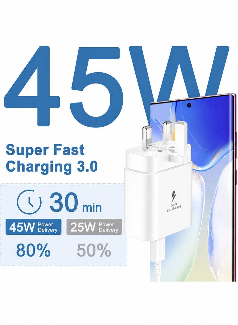 سامسونج مصر شاحن سامسونج 45 واط فائق السرعة مع كابل USB-C إلى USB-C بقدرة 5A وطول 1 متر، شاحن جداري Type-C يدعم PD و PPS لهواتف Galaxy S25/S24/S23/S22/S21 Ultra و A55/A54/A53/A52، أبيض - Image 2