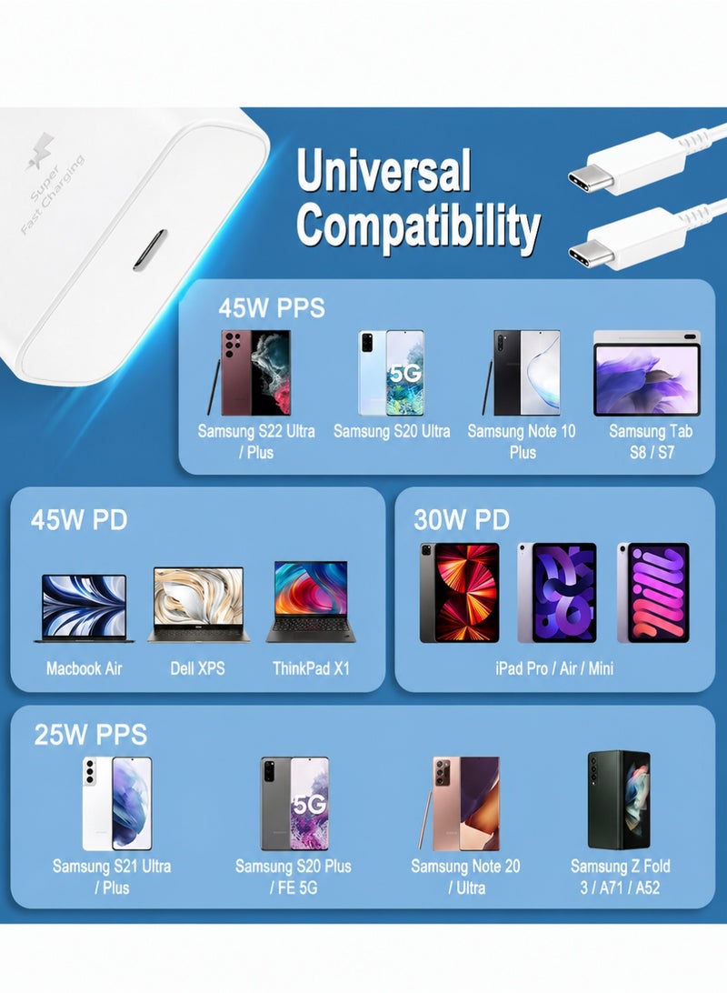 سامسونج مصر شاحن سامسونج 45 واط فائق السرعة مع كابل USB-C إلى USB-C بقدرة 5A وطول 1 متر، شاحن جداري Type-C يدعم PD و PPS لهواتف Galaxy S25/S24/S23/S22/S21 Ultra و A55/A54/A53/A52، أبيض - Image 4