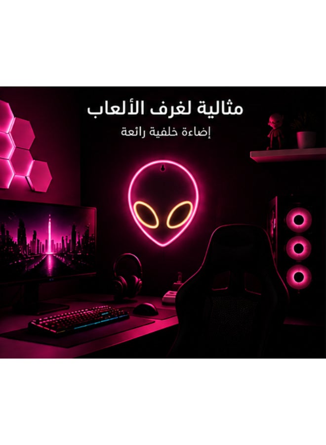 Pink Alien Head LED Neon Wall Light, USB or Battery Powered - Image 1