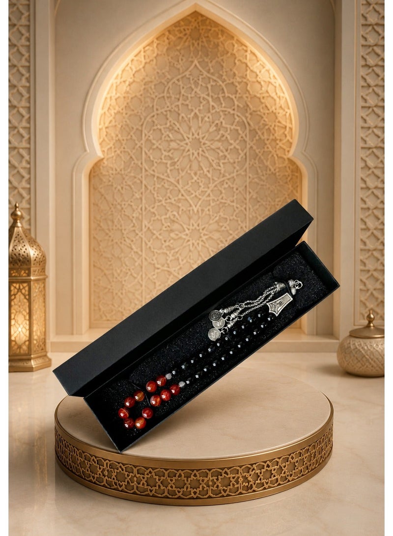 Fabienne Prayer Beads 33 Natural Stone Aqeeq/Agate Tasbih 8mm with Box and Metallic Tassel Ideal for Gift Ramadan Eid Black/Red - Image 1