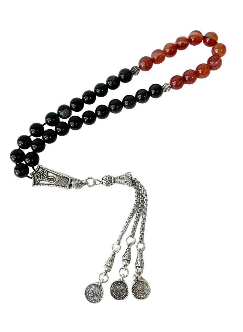 Fabienne Prayer Beads 33 Natural Stone Aqeeq/Agate Tasbih 8mm with Box and Metallic Tassel Ideal for Gift Ramadan Eid Black/Red - Image 4