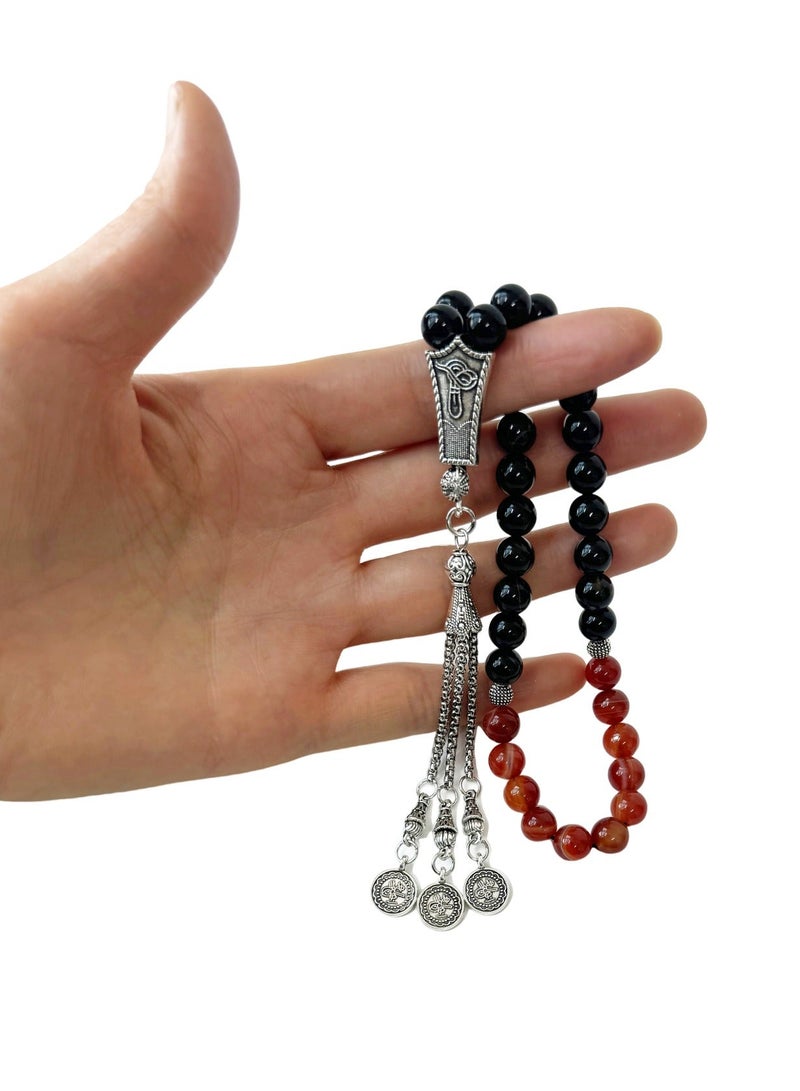 Fabienne Prayer Beads 33 Natural Stone Aqeeq/Agate Tasbih 8mm with Box and Metallic Tassel Ideal for Gift Ramadan Eid Black/Red - Image 3