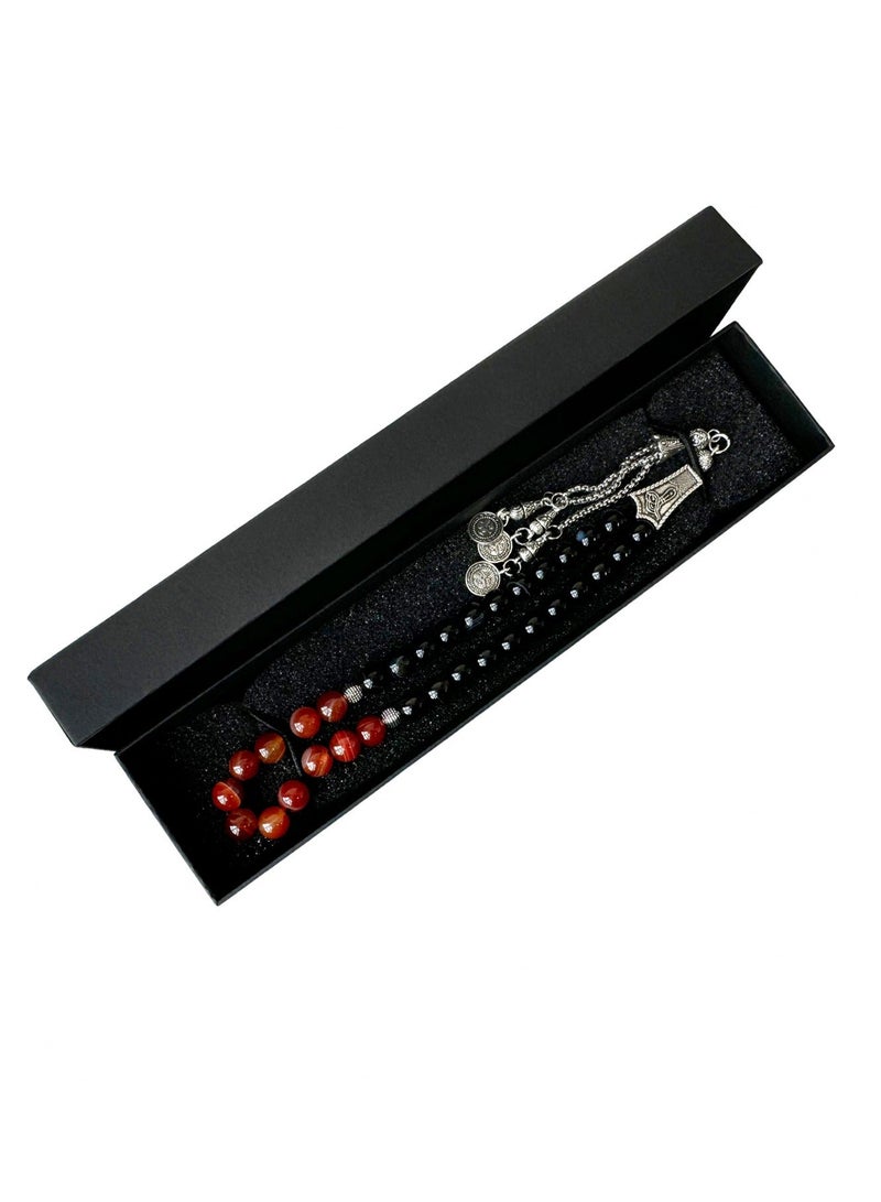 Fabienne Prayer Beads 33 Natural Stone Aqeeq/Agate Tasbih 8mm with Box and Metallic Tassel Ideal for Gift Ramadan Eid Black/Red - Image 2