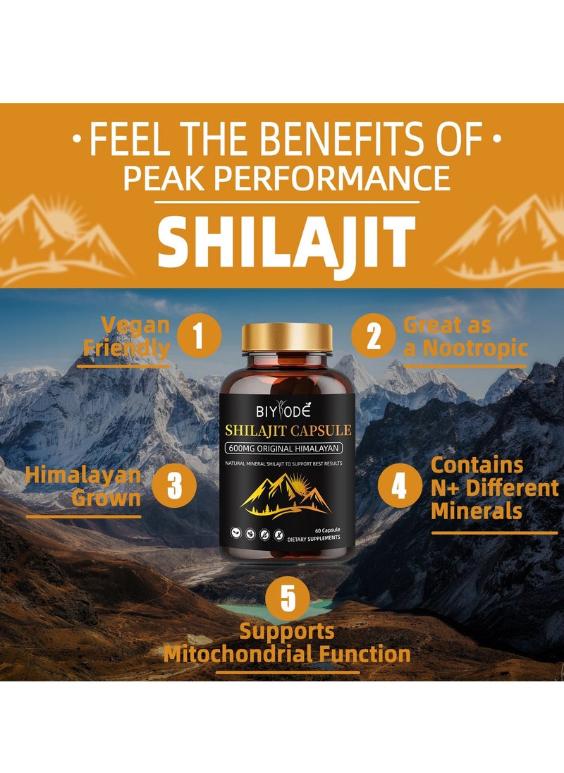 BIYODE - Himalayan Shilajit Capsules (Shilajeet) for Men and Women - 600 mg Equivalent - Natural Energy & Stamina Booster - 60 Veg Capsules | Made in USA - Fulvic Mineral Supplement - Image 1