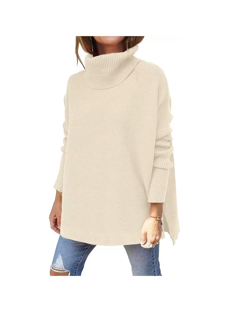 GGOOT Women Oversized Turtleneck Sweater Long Batwing Sleeve Irregular Hem Spilt Hem Pullover Top  - Image 1