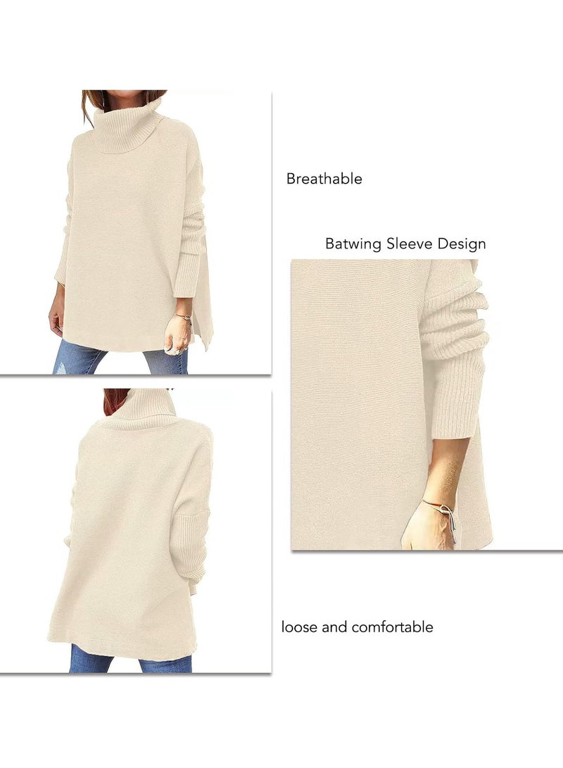 GGOOT Women Oversized Turtleneck Sweater Long Batwing Sleeve Irregular Hem Spilt Hem Pullover Top  - Image 3