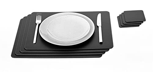Nikalaz Set of Small Black 4 Placemats and 4 Coasters Made of Recycled Leather Place Mats 157 x 118 and Coasters 39 x 39 Black