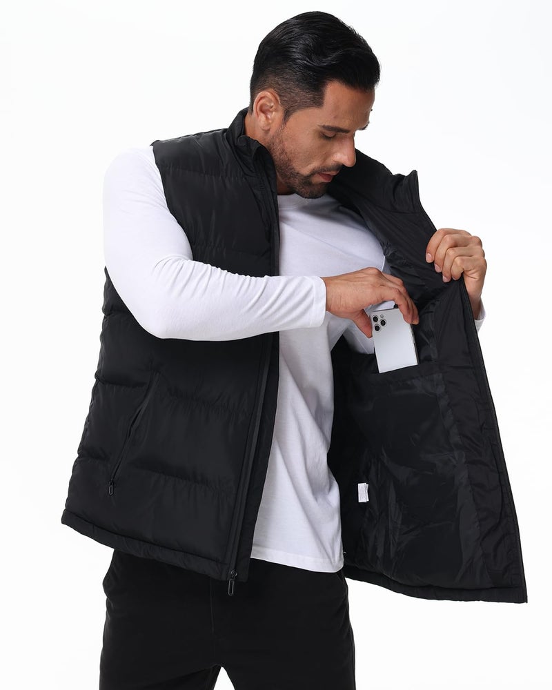 JIHUILAI سترة بافر سوداء من JIHUILAI للشتاء للرجال سترة منتفخة مقاومة للماء مع جيوب بسحاب سترة بدون أكمام للرجال مقاس M - Image 3