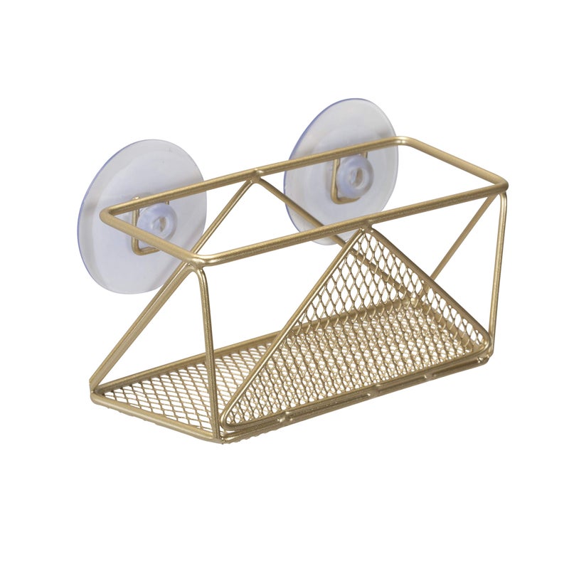حامل إسفنجة مطلي بالذهب الساتان من كيتشن ديتيلز بتصميم جيود، بناء حديدي متين، مثبتات كوب شفط، تشطيب مقاوم للصدأ، ملحقات حوض المطبخ