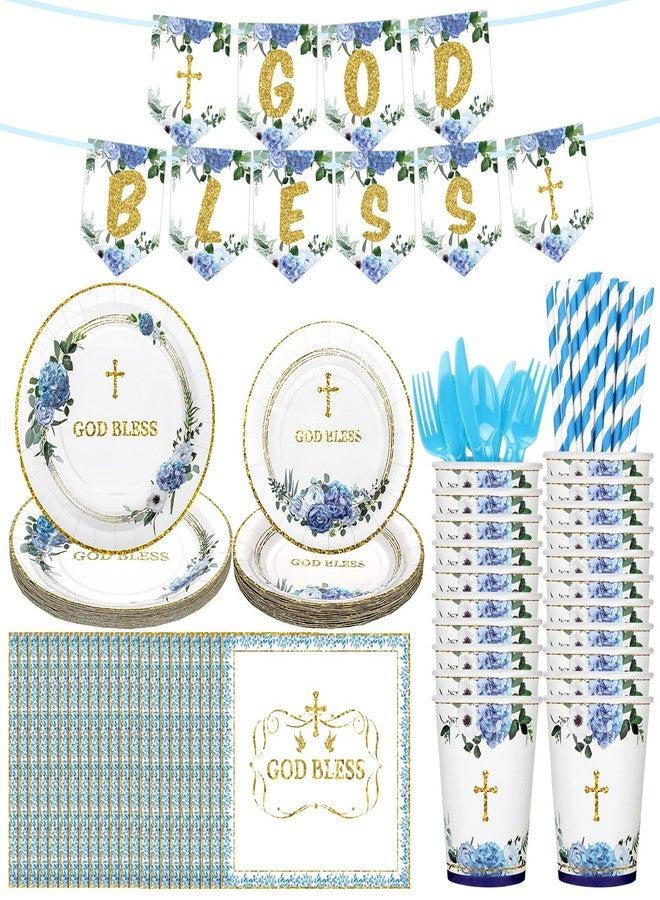 Zubebe 193 Pcs Baptism Plates and Napkins Party Supplies First Holy Communion Decorations Including God Bless Disposable Paper Plates Napkin Banner Cups Straws Plastic Forks Knives Spoons for Shower - Image 1