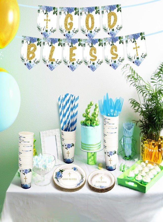 Zubebe 193 Pcs Baptism Plates and Napkins Party Supplies First Holy Communion Decorations Including God Bless Disposable Paper Plates Napkin Banner Cups Straws Plastic Forks Knives Spoons for Shower - Image 4