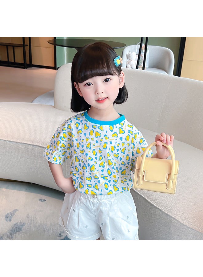 Girls' Short-sleeved T-shirt Summer New Children's Clothing Baby Loose Loose Children's Tops Full Printed Leopard Print T-shirt Fashion