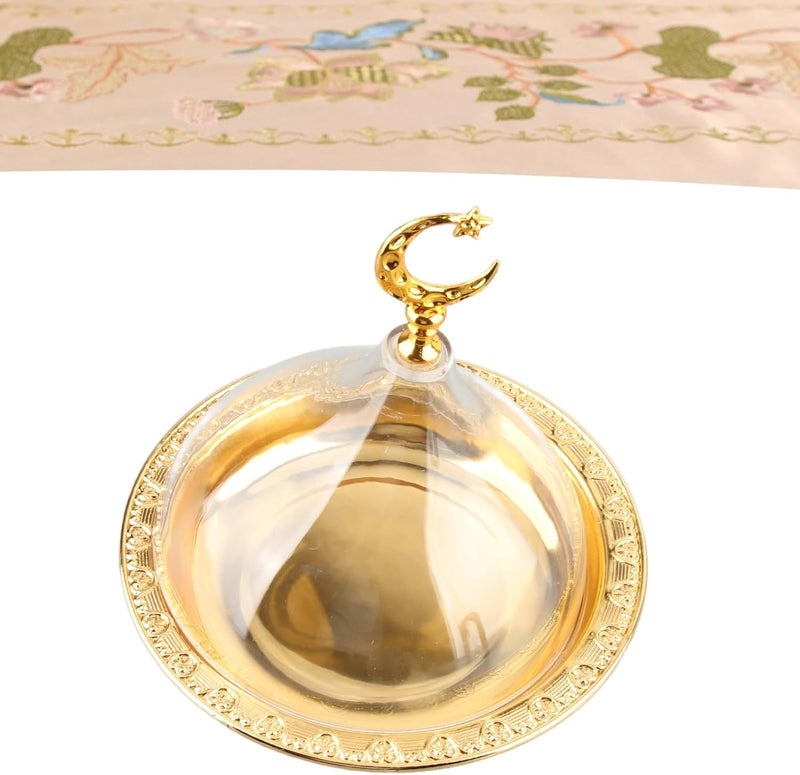 Golden Embossed Serving Plate with Dome, Stainless Steel Acrylic Serving Dish for Party Cafe, Elegant Cloche Serving Plate with Clear Dome for Salad Dessert Coffee, Vintage Style D - Image 3