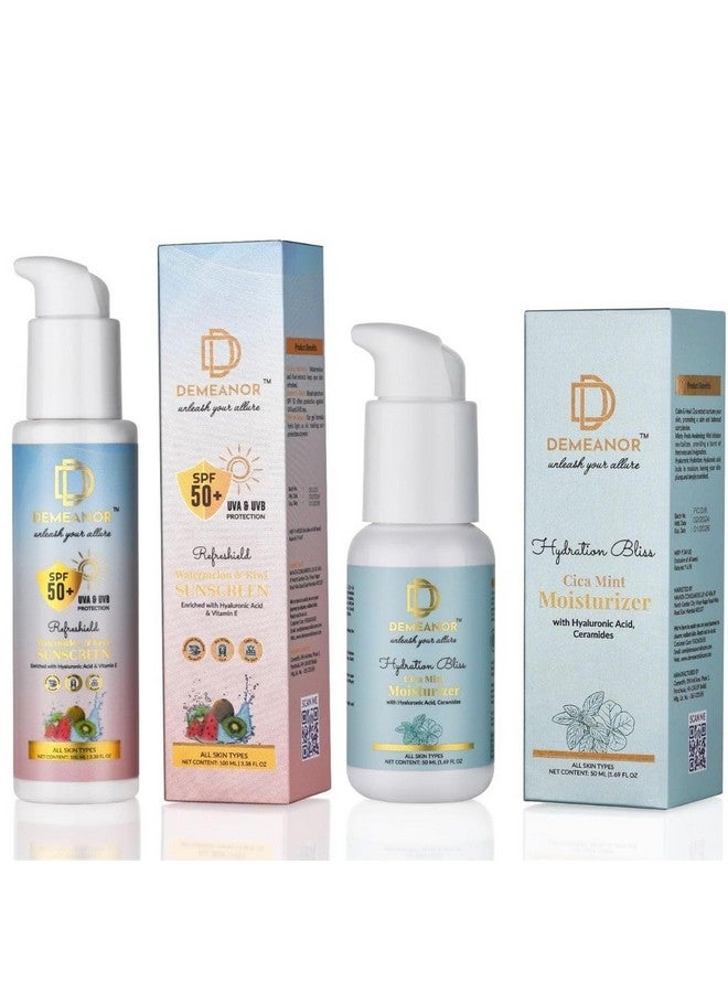 Demeanor Cica + Hyaluronic Acid Oil-free Moisturizer - 50ml & Watermelon & Kiwi Sunscreen - 100ml SPF 50+ & PA+++ Cooling Hydration with Broad Spectrum Protection for Hydrated - Image 1