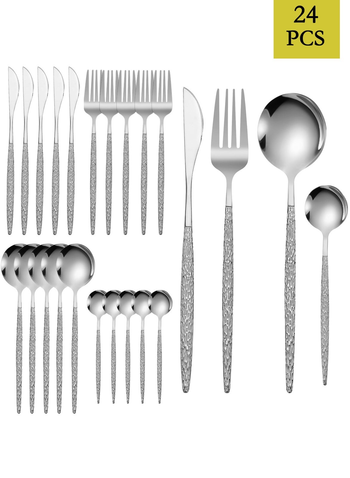 24-piece Portuguese stainless steel cutlery set, cutlery set with bark-like handles, suitable for 6 people for daily household use, mirror-polished cutlery comes in a colorful packaging box, perfect for parties, weddings and gatherings