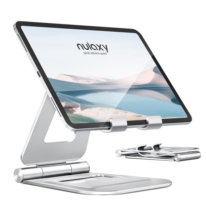 Nulaxy Aluminum Dual Foldable iPad Stand, Fully Adjustable Desktop Tablet Holder, iPad Accessories for Office Kindle Compatible with Mobile Devices iPad Pro/Air/Mini, iPhone Pro/Max/Plus, Silver - Image 1