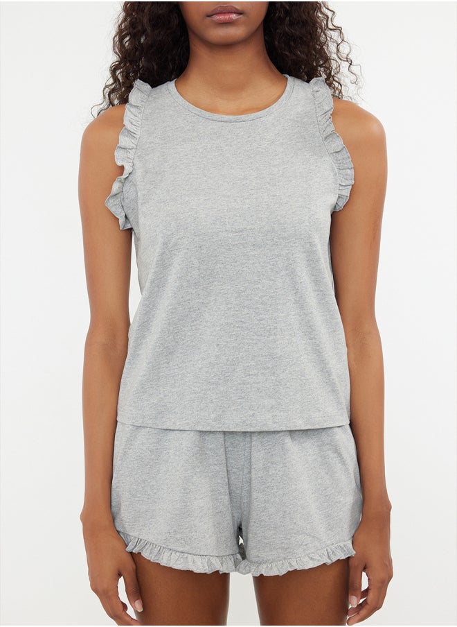 trendyol Grey Melange 100% Cotton Ruffle Detailed Knitted Top THMSS22AU0304  - Image 3