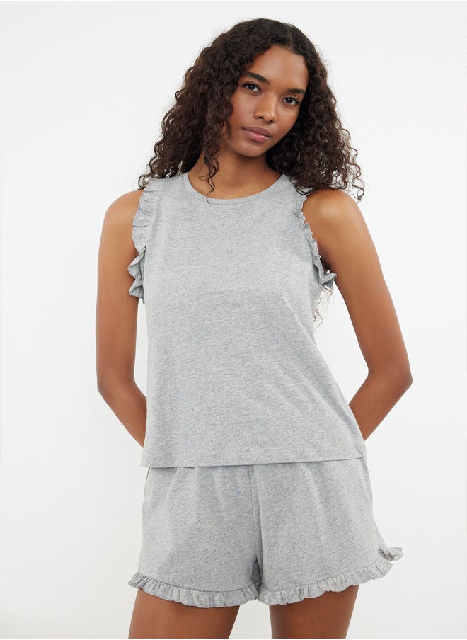 trendyol Grey Melange 100% Cotton Ruffle Detailed Knitted Top THMSS22AU0304  - Image 1