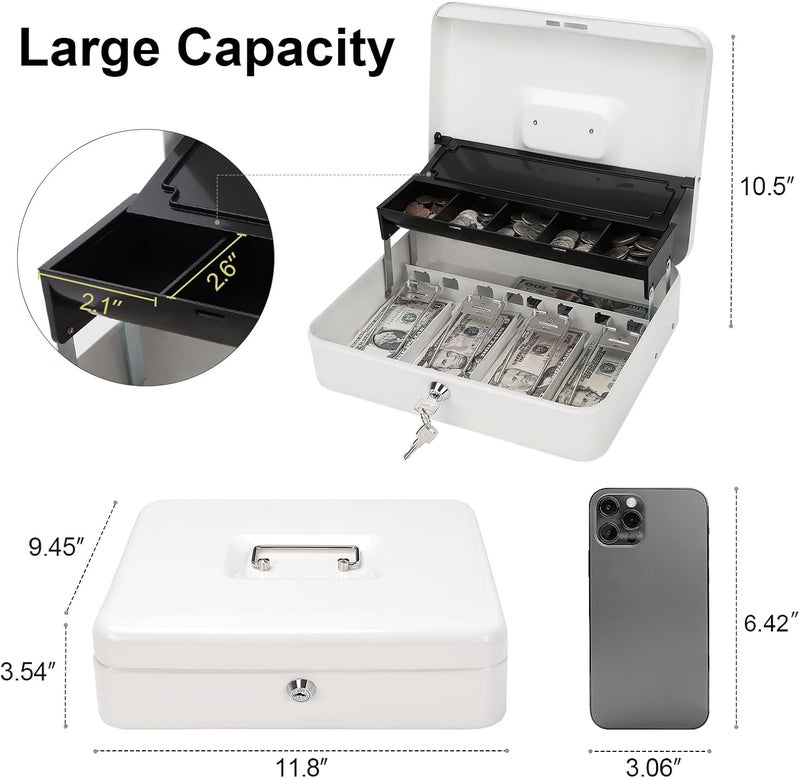 Jssmst Locking Large Metal Cash Box with Money Tray, Money Box with Key Lock, White, SM-CB0504L - Image 3