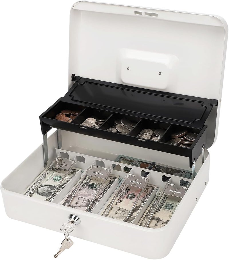 Jssmst Locking Large Metal Cash Box with Money Tray, Money Box with Key Lock, White, SM-CB0504L - Image 1