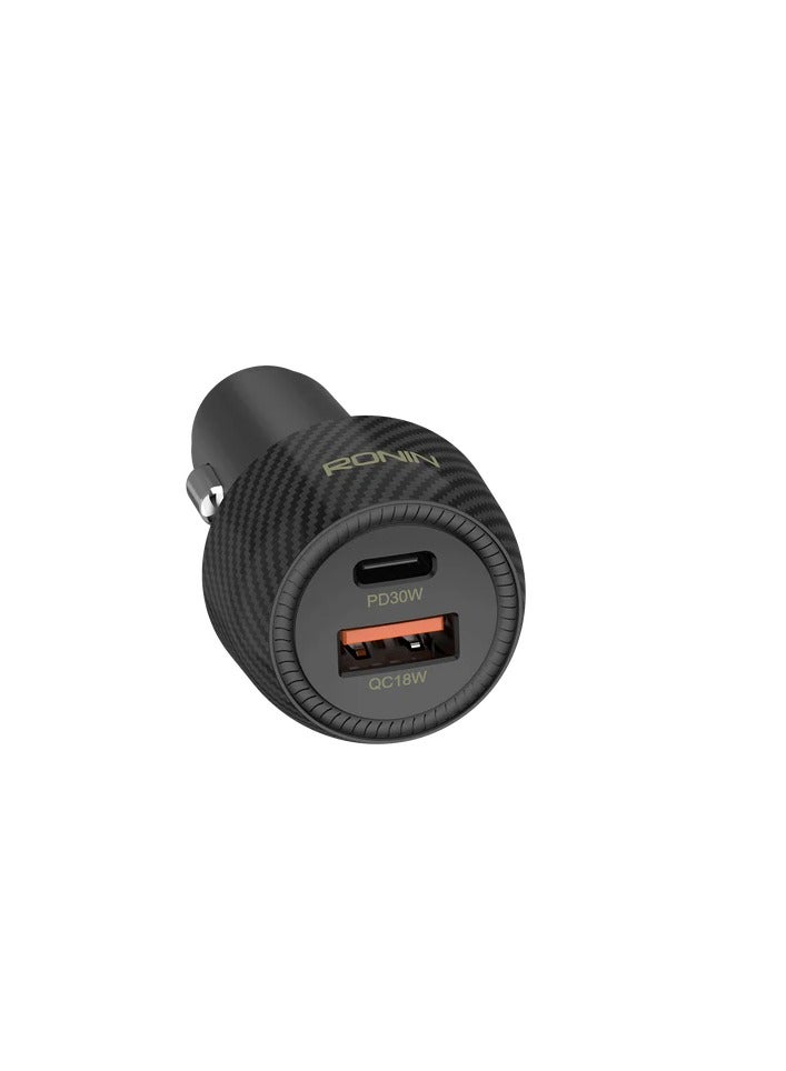 رونين شاحن سيارة رونين نوس R-2505 - قدرة 48 واط - منفذان USB - شحن سريع PD 30 واط و QC 18 واط - حماية من الحرارة والشحن الزائد - متوافق مع الهواتف والأجهزة اللوحية والسماعات - أسود - Image 1