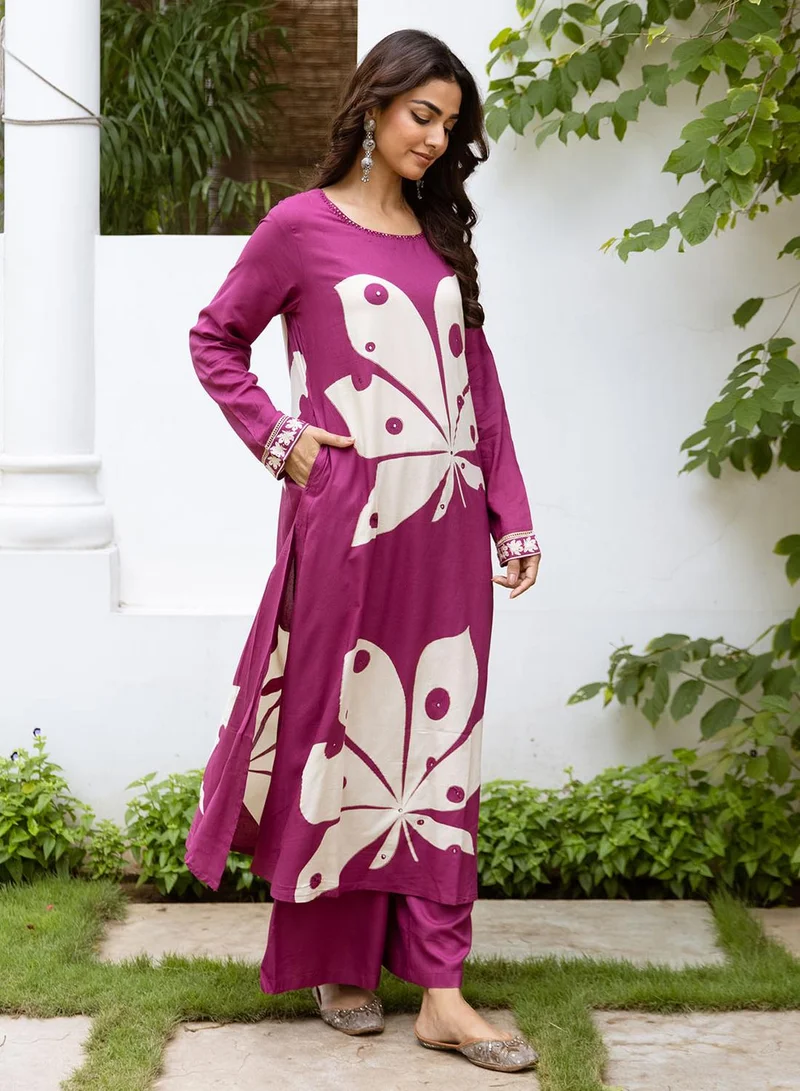 ISHIN Women's Pink Rayon Printed Tunic Full Length Palazzo Straight Fit Kurta Set
