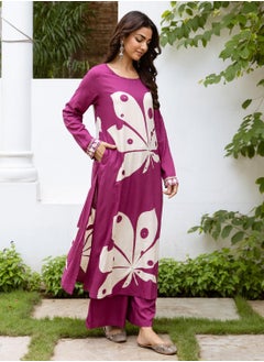 ISHIN Women's Pink Rayon Printed Tunic Full Length Palazzo Straight Fit Kurta Set  - Image 3