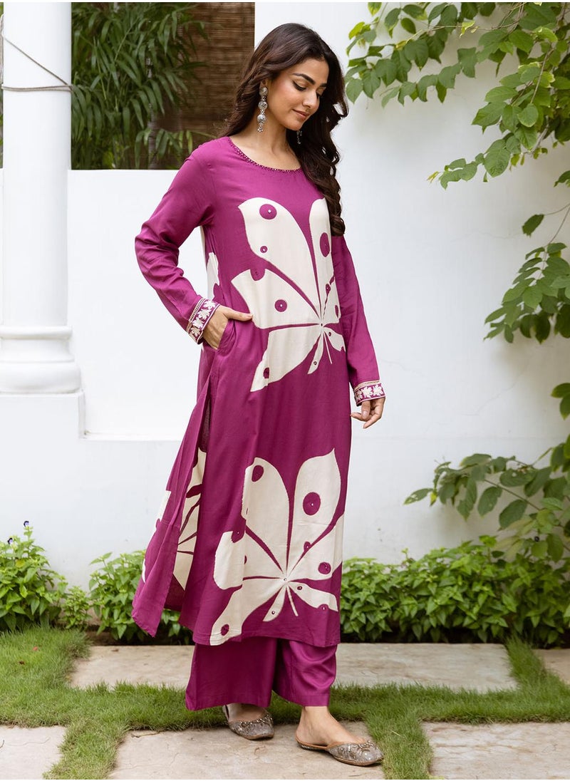 ISHIN Women's Pink Rayon Printed Tunic Full Length Palazzo Straight Fit Kurta Set  - Image 3