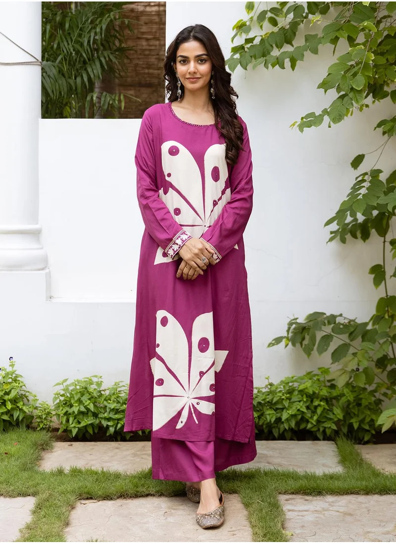 آي شين Women's Pink Rayon Printed Tunic Full Length Palazzo Straight Fit Kurta Set
