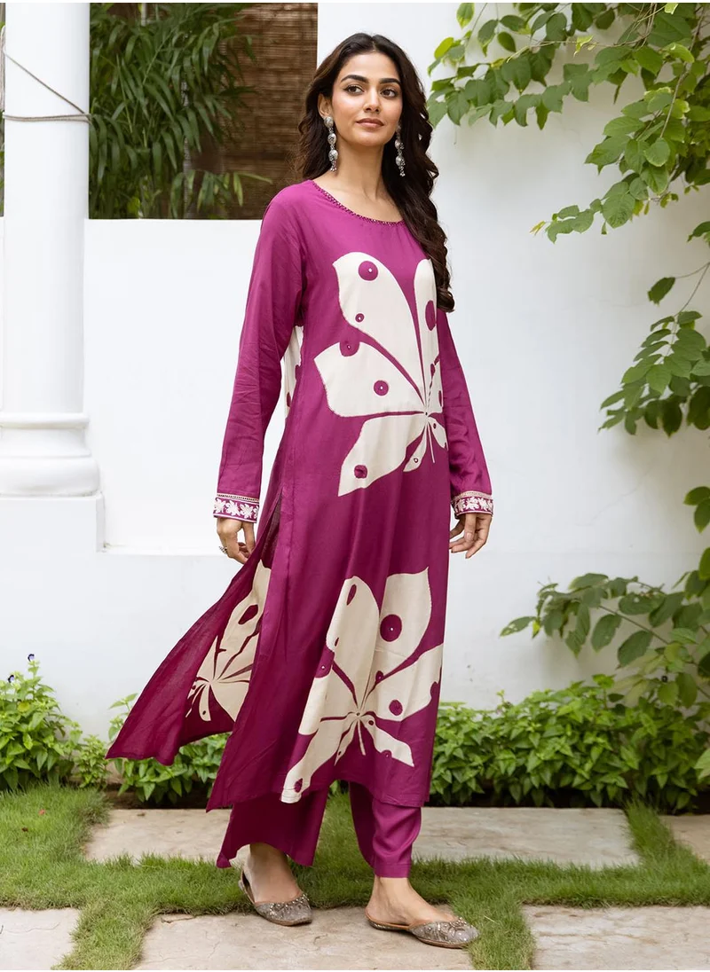 آي شين Women's Pink Rayon Printed Tunic Full Length Palazzo Straight Fit Kurta Set