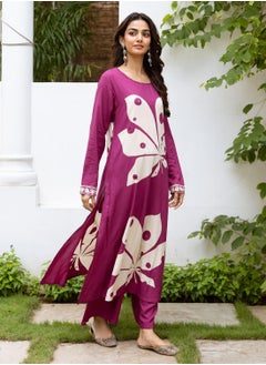 ISHIN Women's Pink Rayon Printed Tunic Full Length Palazzo Straight Fit Kurta Set  - Image 2