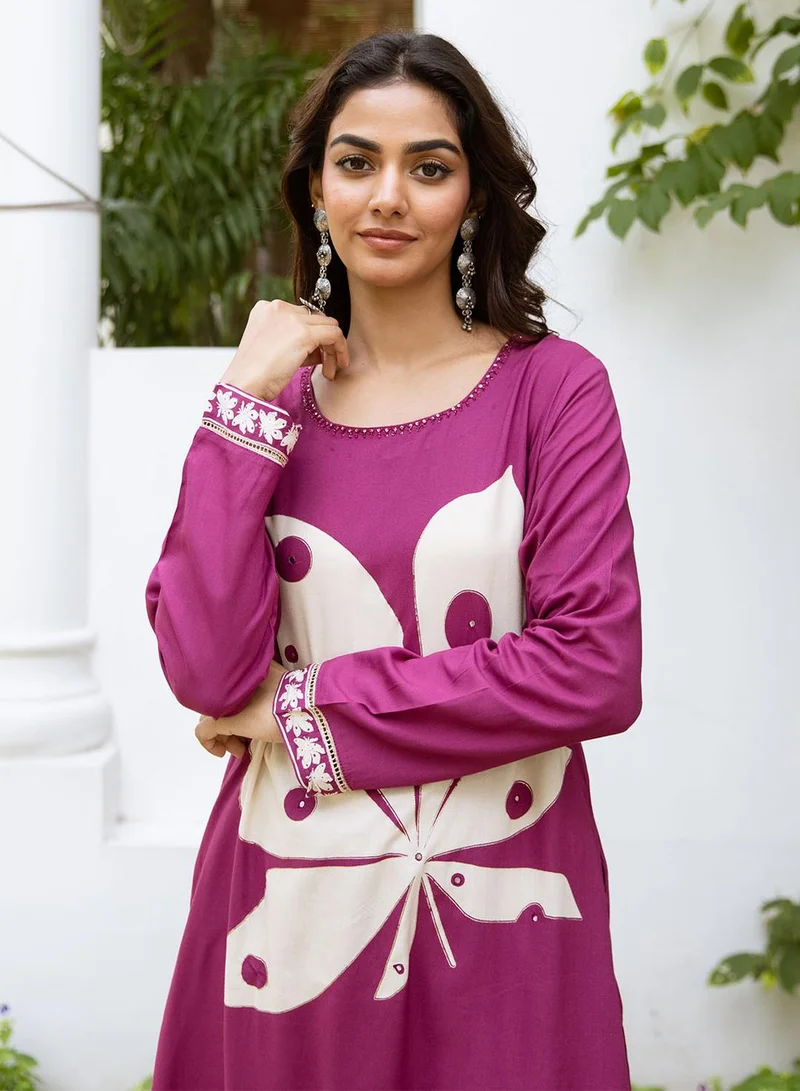ISHIN Women's Pink Rayon Printed Tunic Full Length Palazzo Straight Fit Kurta Set