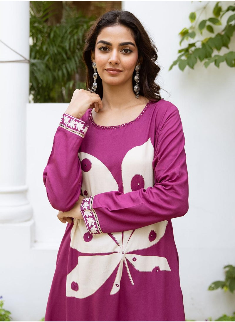 ISHIN Women's Pink Rayon Printed Tunic Full Length Palazzo Straight Fit Kurta Set  - Image 5