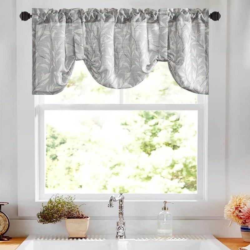 VOGOL Grey Leaves Print Curtain Valance, Linen Textured Tie Up Window Shade Rod Pocket Tie-up Adjustable Valances for Bathroom, 52 x 18, One Piece - Image 2