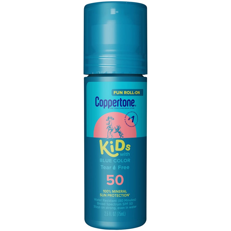 Coppertone لوشن واقي شمس للأطفال من كوبرتون، رول أون، SPF 50، واقي شمس للأطفال خالي من الدموع بلون أزرق وحماية من أشعة الشمس بأكسيد الزنك، أنبوب 2.5 أونصة سائلة - Image 1