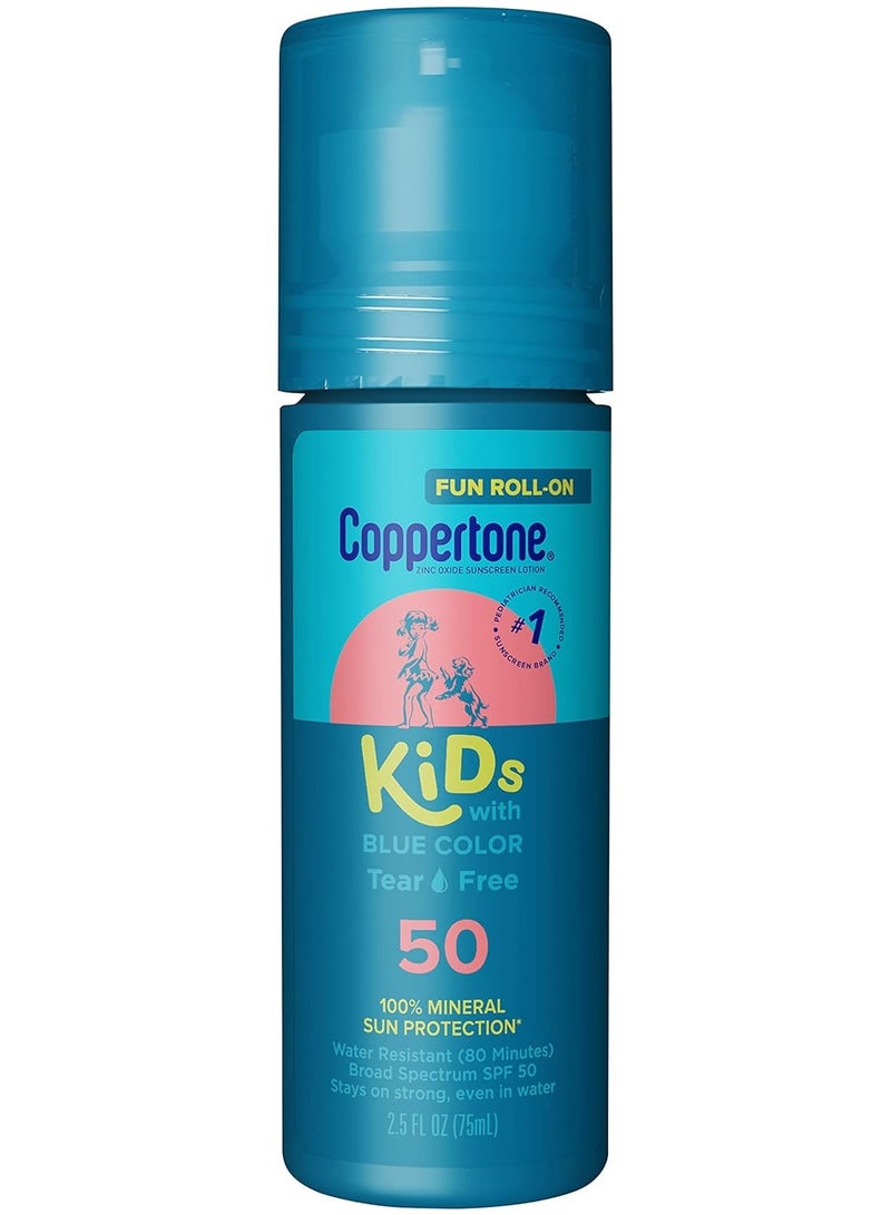 Coppertone Kids Roll On Sunscreen Lotion SPF 50, Kids Sunscreen with Blue Color, Tear Free Sunscreen with Zinc Oxide Sun Protection, 2.5 Fl Oz Tube