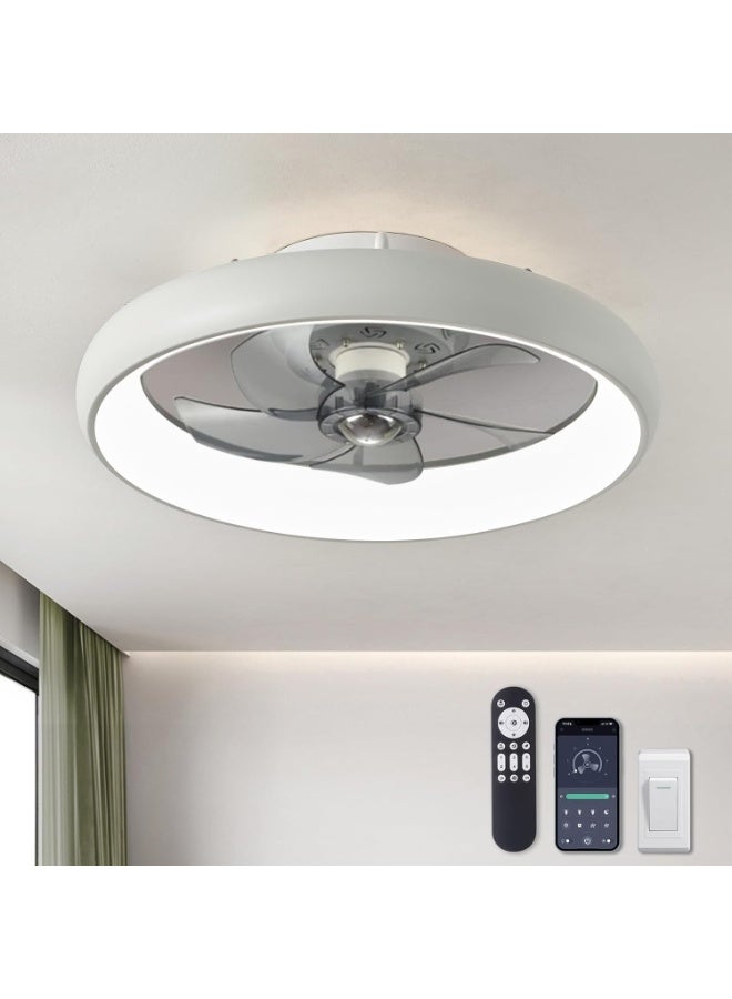 YOUWE7 مراوح سقف YOUWE7 مزودة بإضاءة وجهاز تحكم عن بعد، مروحة منخفضة الارتفاع مقاس 20 بوصة مزودة بإضاءة، 6 سرعات للرياح، مراوح سقف LED حديثة قابلة للتعتيم، مروحة سقف ذكية لغرفة النوم وغرفة الأطفال (أبيض) - Image 1