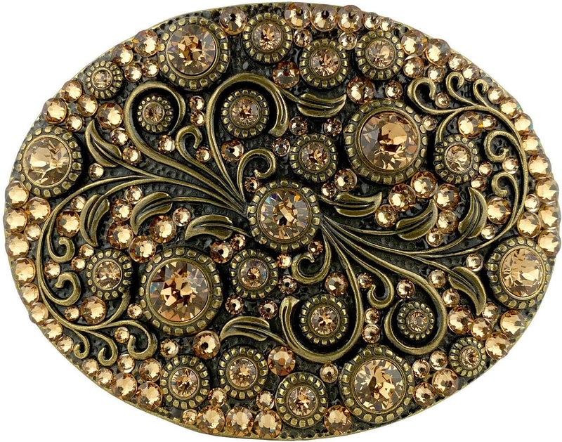 Belts.com Rhinestone Crystal Belt Buckle Antique/Brass Oval Floral Engraved Buckle - Image 1