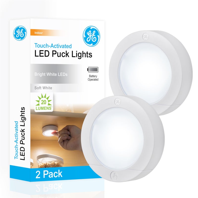 GE Wireless LED Tap-Lights, Battery Operated, 20 Lumens, Touch-Activated Puck Lights, Stick-On for Under Cabinet, Kitchen, Closet, or Garage, 2-Pack 25434 - Image 1